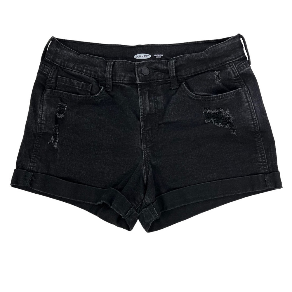 OLD NAVY Women’s Black Denim Jean Shorts Sz 6 Boyfriend Mid-Rise Distressed